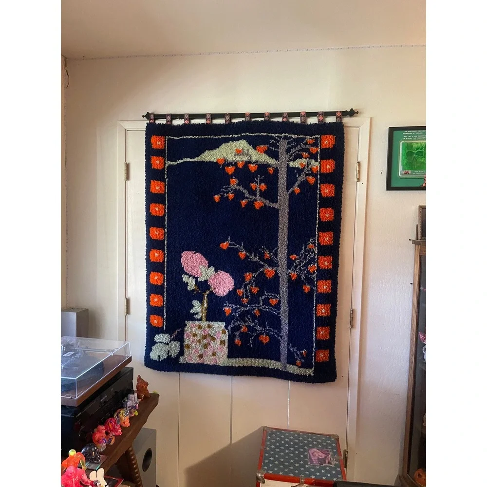 Vtg Japanese Cherry Blossom Latch Hook Wall Hanging Art 1970s Mid Century Rug XL